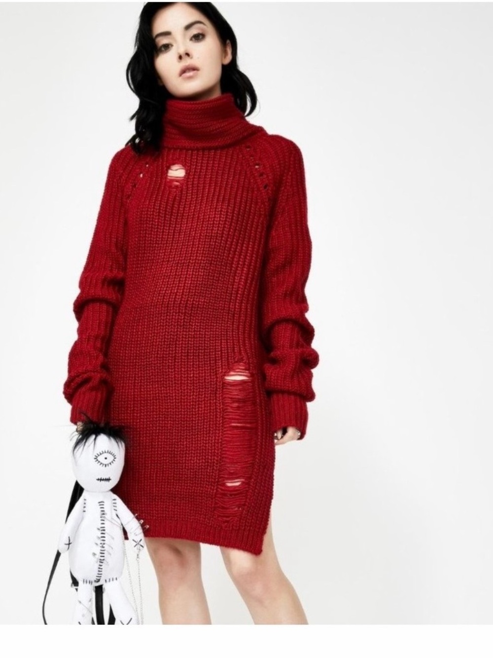 Killstar Sweet Six Distressed Sweater Dress – Blood Red – Size Large –